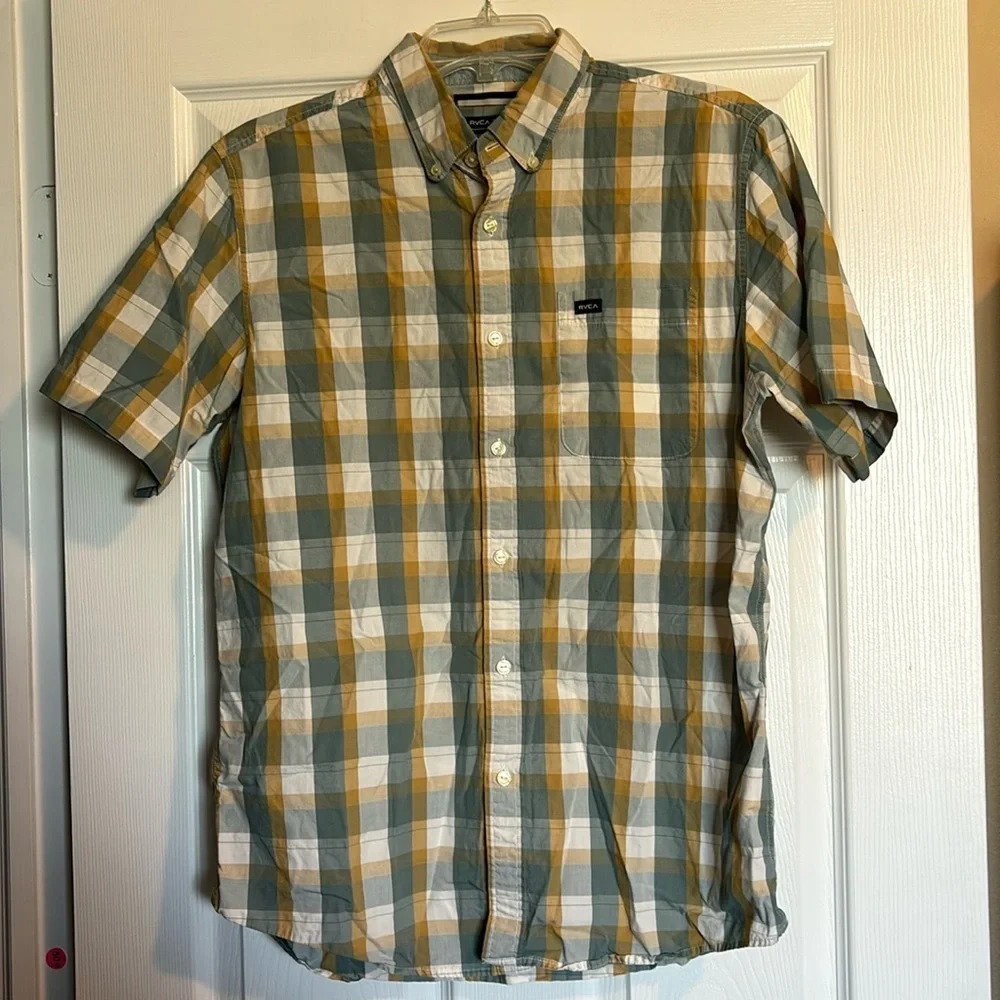 RVCA Green and Yellow Plaid Casual Button Down Shirt